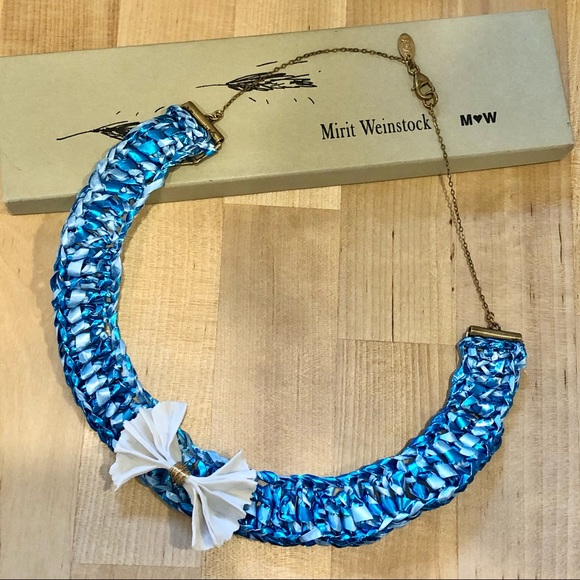NWOT Jewelry Designer Mirit Weinstock necklace woven Rafia and ceramic bow - Picture 1 of 14